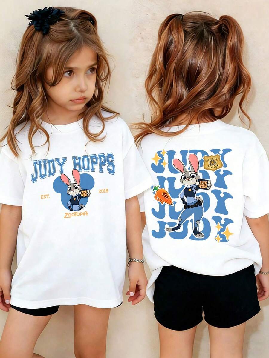 Disney Crazy Zootopia Rabbit Judy, Themed Cartoon Print, Casual And Simple Short Sleeved T-Shirt, Suitable For Spring And Summer Seasons, Suitable For Boys And Girls To Wear. Festival Gift - 白色 - 查看 1