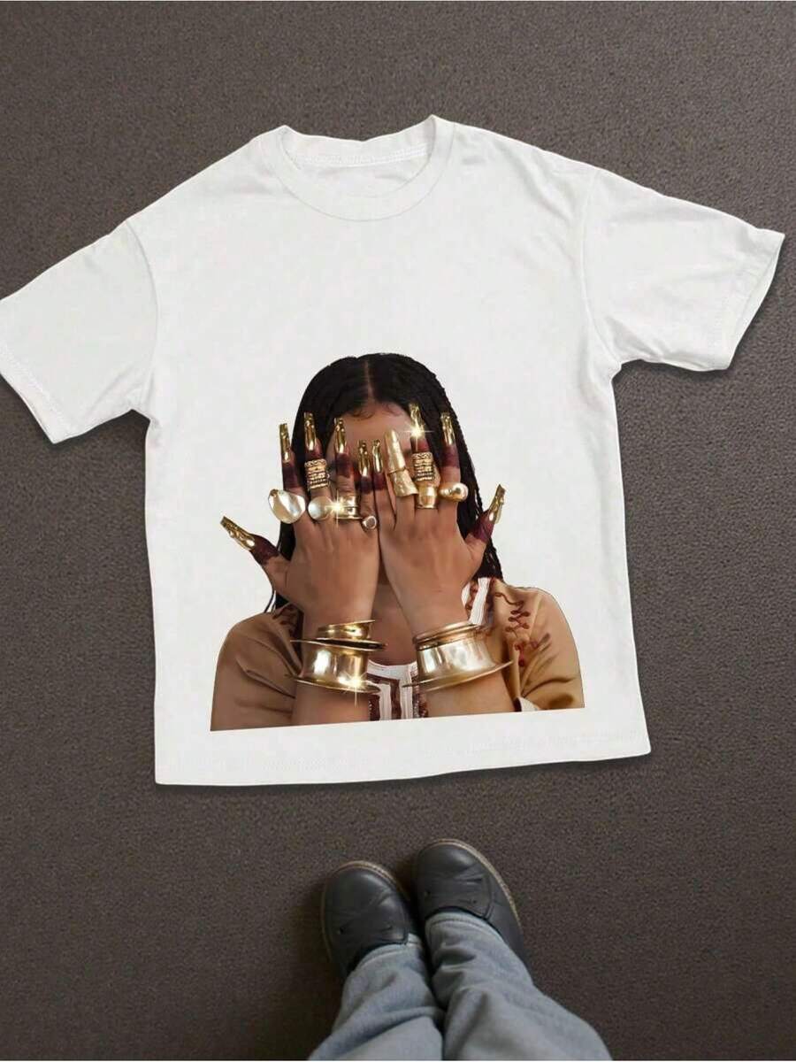 Casual Summer T-Shirt With A Round Neck And Short Sleeves Featuring A Portrait Print - trắng - Xem 1