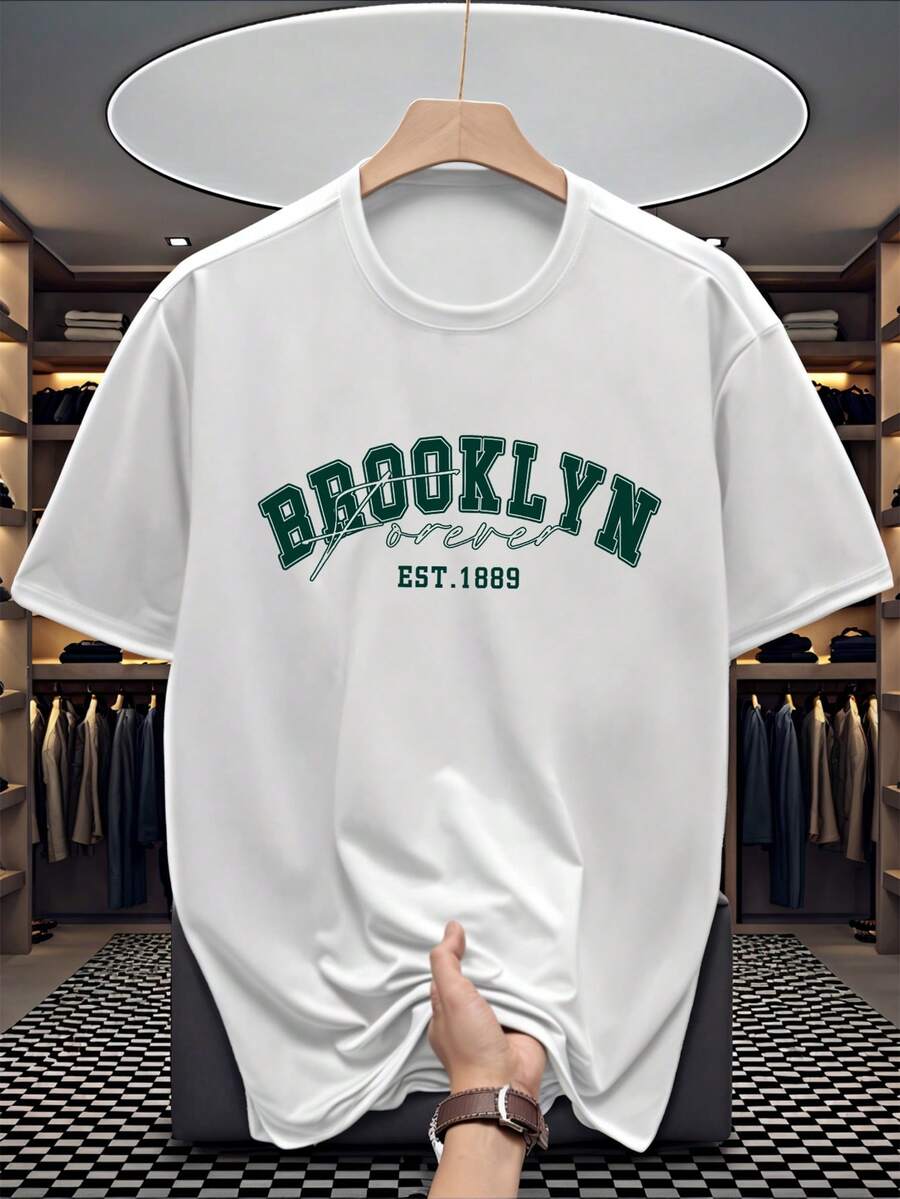 Men's New Casual Sports T-Shirt, Brooklyn Pattern Print, Lightweight And Comfortable, Suitable For Team/Club Uniforms, Gifts For Friends And Family, Versatile For Daily, Outdoor, Fishing And Other Activities - White - View 1