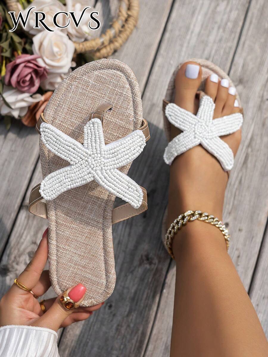 WRCVS Sandalias blancas con cuentas, chanclas de verano para mujer con estampado de estrella de cinco puntas, planas de punta redonda, chanclas sexy para fiestas, sandalias de estilo bohemio para vacaciones en la playa