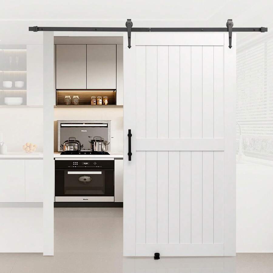 Schiebetür im Scheunenstil Schiebetürsystem (1067 x 2134 mm) aus hochfesten MDF-Platten, Scheunentor mit Hardware-Kit & wasserfester PVC-Oberfläche & H-Rahmen für Wohnzimmer Badezimmer Weiß - Weiß, Verbundplatte, 107 x 213 cm - Übersicht 1