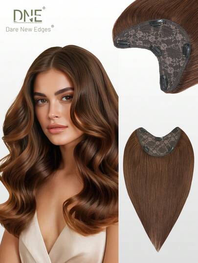 DNE HAIR One Piece V-Shaped Clip In Hair Extensions Top-V 100% Human Hair Color 4# Middle Brown Straight Hair For Women Easy To Style, Lightweight, Breathable, Invisible Suitable For All Hair Types And Daily Wear& Fashion Lovers