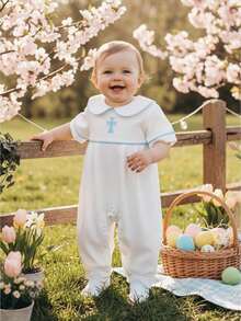 Baby Boy Girl Easter Outfit Doll Collar Cross Embroidery Romper Smocked Ruffle Jumpsuit Summer Baptism Clothes - 白色 - 查看 1