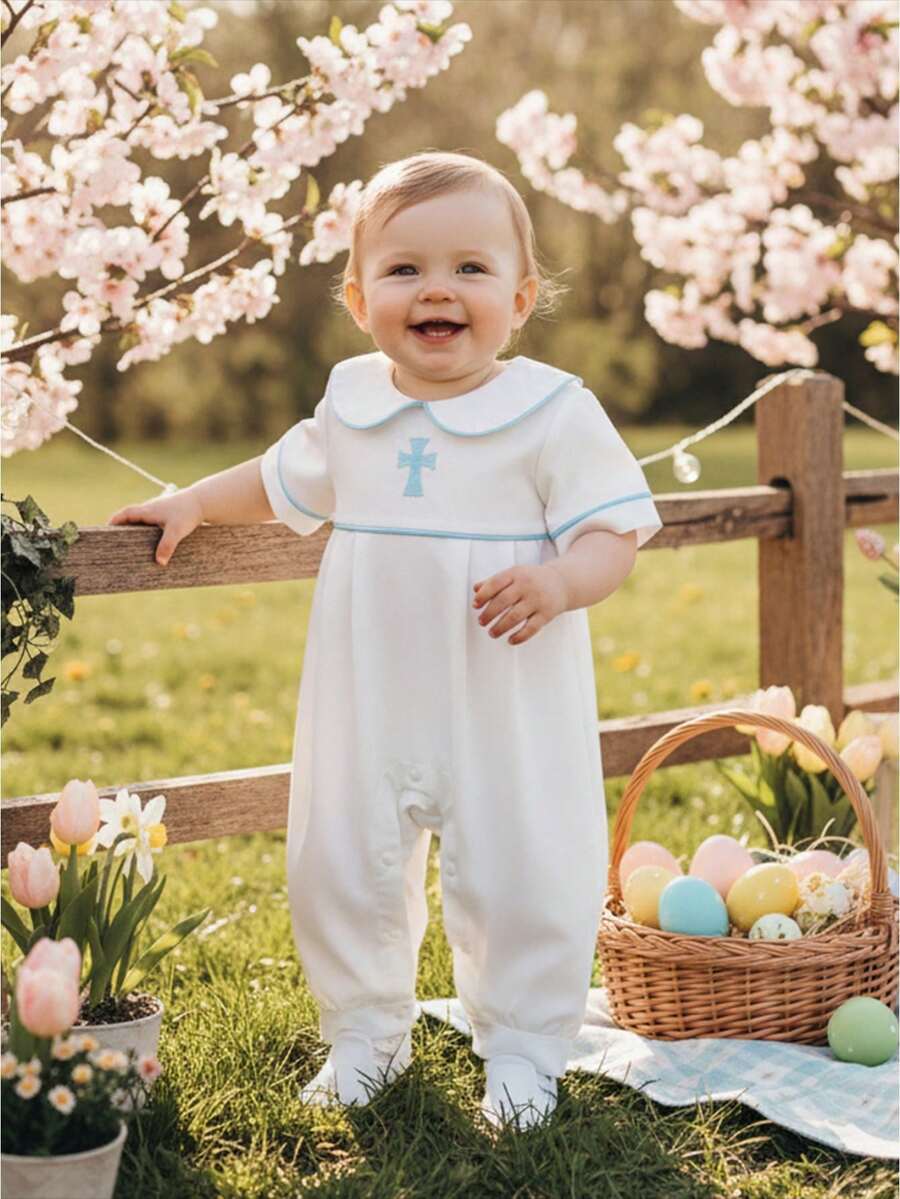 Baby Boy Girl Easter Outfit Doll Collar Cross Embroidery Romper Smocked Ruffle Jumpsuit Summer Baptism Clothes - 白色 - 查看 1