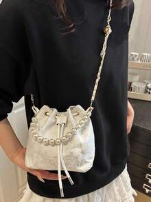 1 pieza Bolso de cubo con cierre de cordón, tela estampada y decoración de perlas falsas y bordado, bolso de hombro/cruzado con diseño de mariposa lindo para fiesta y uso diario, adecuado para fiestas y uso diario, con lazo, estilo kawaii - Blanco - Ver 3