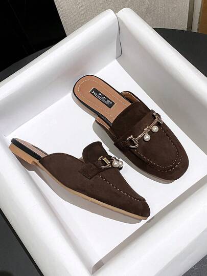 Mengshangli 优雅纯色珍珠装饰平底穆勒鞋，适合办公室、派对、春夏等场合。