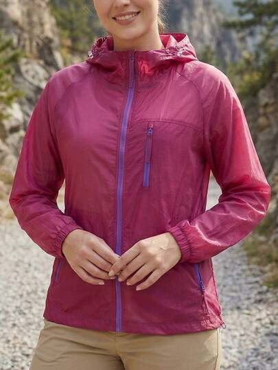 Women's Lightweight Sun Protection Jacket, Windbreaker With Contrast Zipper Pockets And Drawstring, For Hiking & Outdoor Activities Spring