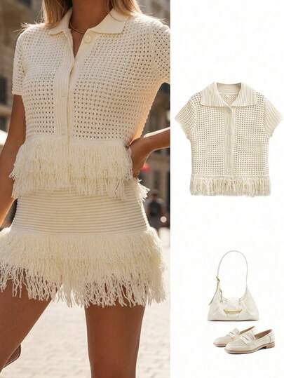 Women's Fashionable Tasseled Plaid Short Sleeve Casual Knitted Cardigan For Summer Spring