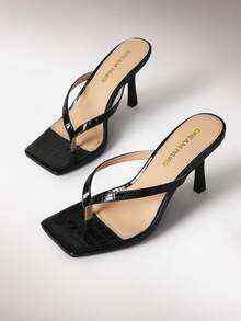 Women Fashion Kitten Heel Thong Mule Sandals, Versatile Stilettos Thong Sandals Fashion Open Toe Wide Strap Slide Summer Sandals For Formal, Party, Work & Daily Wear - 黑色 - 查看 1