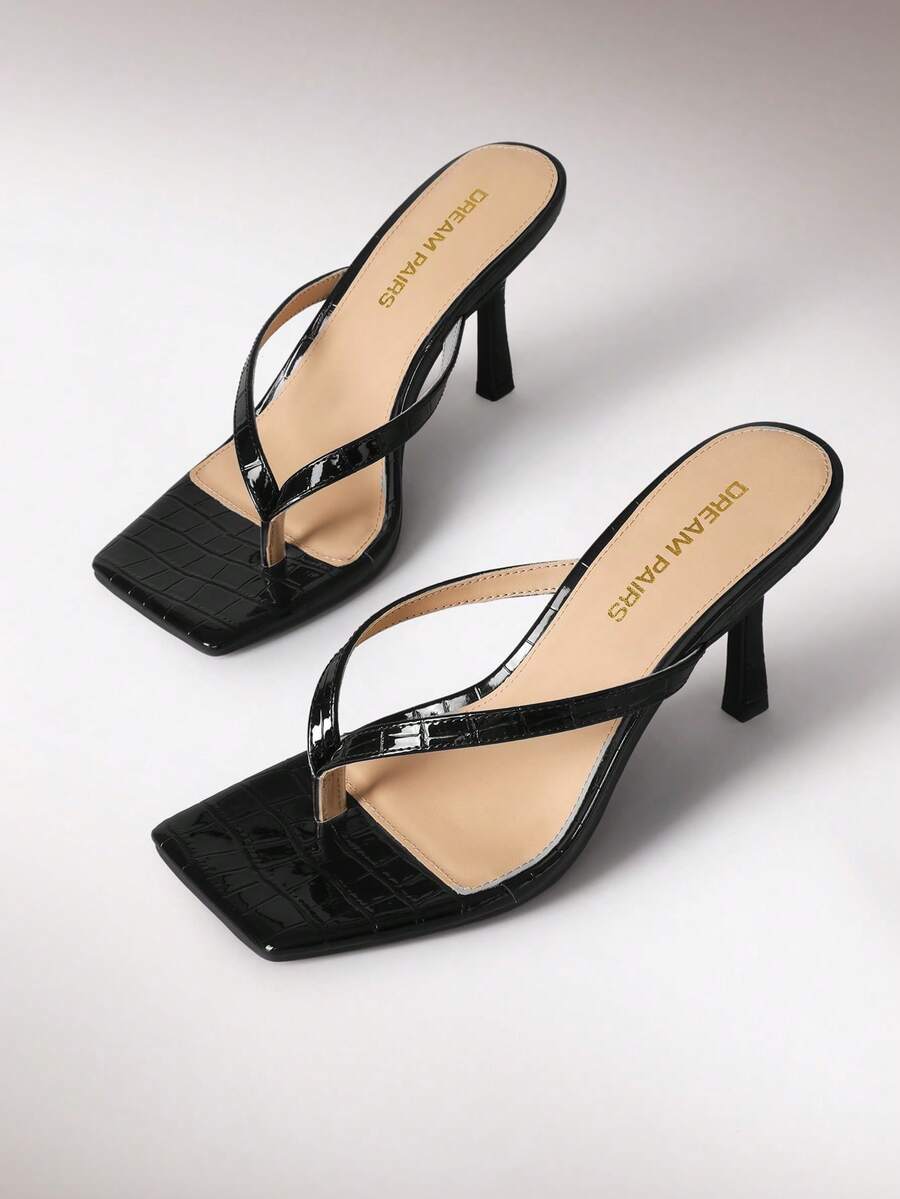 Women Fashion Kitten Heel Thong Mule Sandals, Versatile Stilettos Thong Sandals Fashion Open Toe Wide Strap Slide Summer Sandals For Formal, Party, Work & Daily Wear - 黑色 - 查看 1