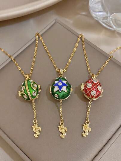 1pc Summer Vintage Y2k Necklace For Women Green Glaze With Intertwined Branches Red Patterns And Blue Starbursts Can Be Opened To Reveal An Angel Pendant For Daily Party And Beach Accessories Jewelry