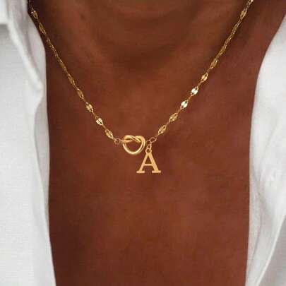 1pc New Fashion Heart Initial Pendant Golden Stainless Steel Lip Chain Necklace For Women