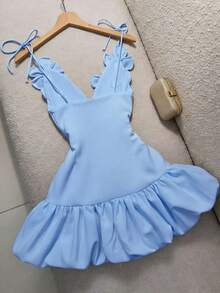 情人节派对鸡尾酒礼服，泡泡裙，3D立体花朵吊带迷你连衣裙，夏季款 - 淺藍色 - 查看 2