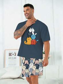 Plus Size Men's Pajama Set | Round Neck Short Sleeve Top And Elastic Waist Casual Shorts, 2 Pieces Set | Polyester Knit Fabric, Skin-Friendly Breathable Loose Fit | Cute Cartoon Cat Print Casual Design - Teal Blue - View 4