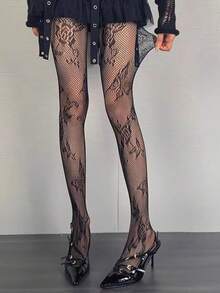 1件装不对称镂空渔网袜，性感哥特朋克复古美式破洞连裤袜，极简透明女士连裤袜 - 彩色 - 查看 5