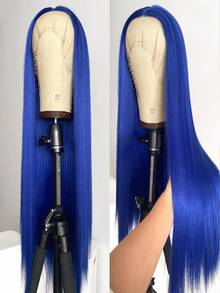 13x4 Elegant 26 Inch Blue Lace Front Wig, Synthetic Lace Front Wig With Pre-Plucked Hairline, Heat Resistant Fiber Hair, Silky Straight Wig For Women, Cosplay, Party, Daily Use - Baby Blue - View 4