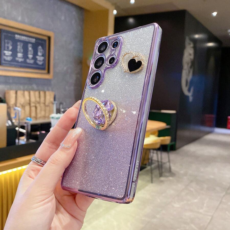 360° Diamond Ring Holder Compatible With IPhone 17 ProMax/AIR/1615/14/13/12/11, S10/S20/S21/S22/S23/S24/S25/S26, Galaxy A55 5G, A35/A15/S24U, , Moto Devices. New Electroplated Anti-Drop Phone Case + Heart-Shaped DIY + Glitter Card Slot + Diamond Ring Holder - Purple - View 1