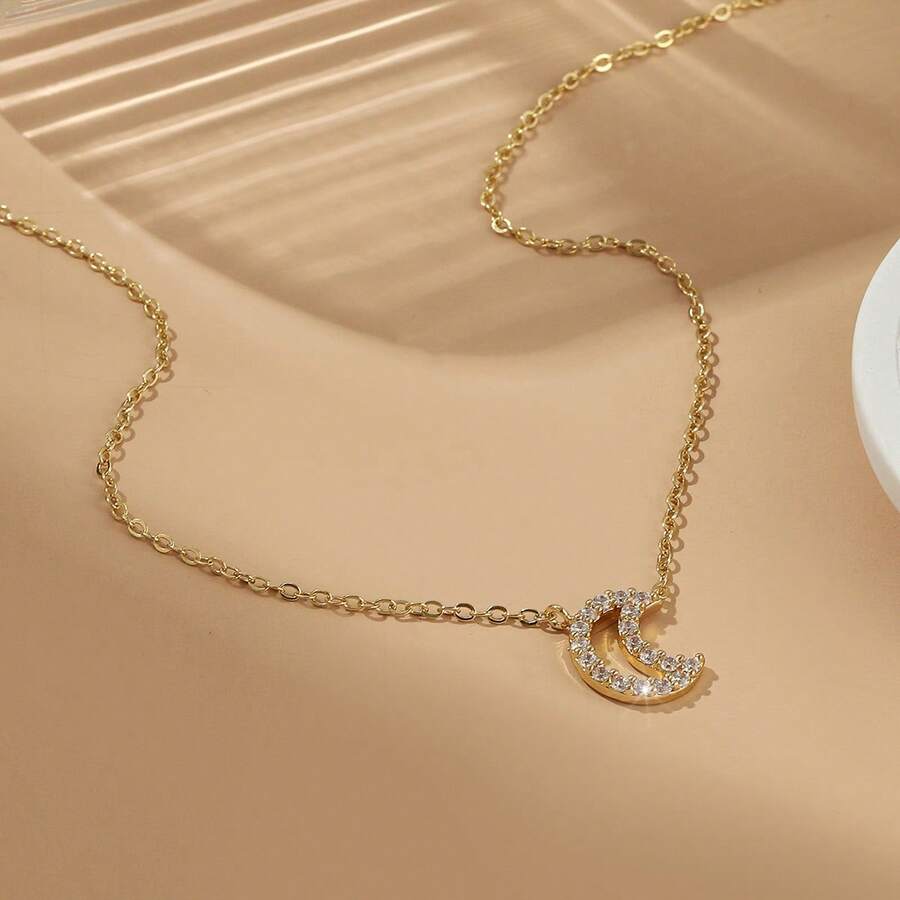 The Gold Collar Chain Is Set With Small Diamonds, Giving A Luxurious Touch. It Is Perfect For Daily Wear And Makes An Excellent Gift For Special Occasions. - Moon Pendant - View 1