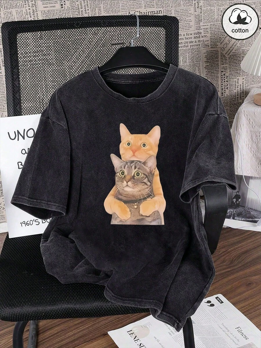 加大码女式夏季猫咪印花水洗纯色休闲简约复古日常宽松圆领棉质短袖T恤上衣 黑色 - 黑色 - 查看 1