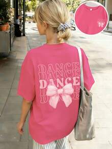 Teen Girl Bowknot And Slogan Print Graphic Tees For Girl Short Sleeve T Shirts,Teen Girl's Summer Tops Crewneck Shirt Blouse - Hot Pink - View 1