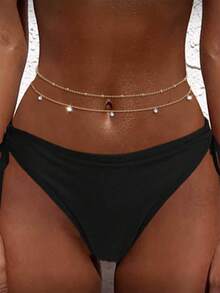 多层串珠性感比基尼，银色/金色肚链，珍珠串珠腰链，水晶流苏可调节比基尼腰带，身体链饰品套装，适合海滩、度假、夜店派对，女士及女孩适用 - 金色 - 查看 1