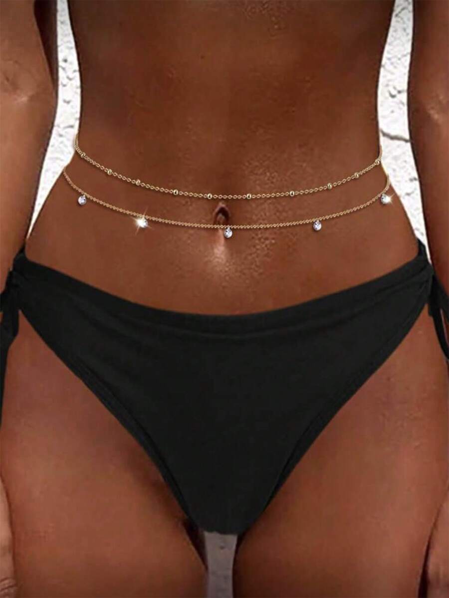 多层串珠性感比基尼，银色/金色肚链，珍珠串珠腰链，水晶流苏可调节比基尼腰带，身体链饰品套装，适合海滩、度假、夜店派对，女士及女孩适用 - 金色 - 查看 1