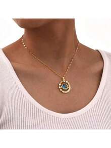 [Elegant Necklace] Elegant Golden-Tone Stainless Steel Celestial Planet Pendant Necklace For Women|   Sparkling Synthetic Zirconia Crystals, Blue & Clear Gemstone Design For Daily Wear & Parties, Valentine's Day Gift - 金子 - 查看 6