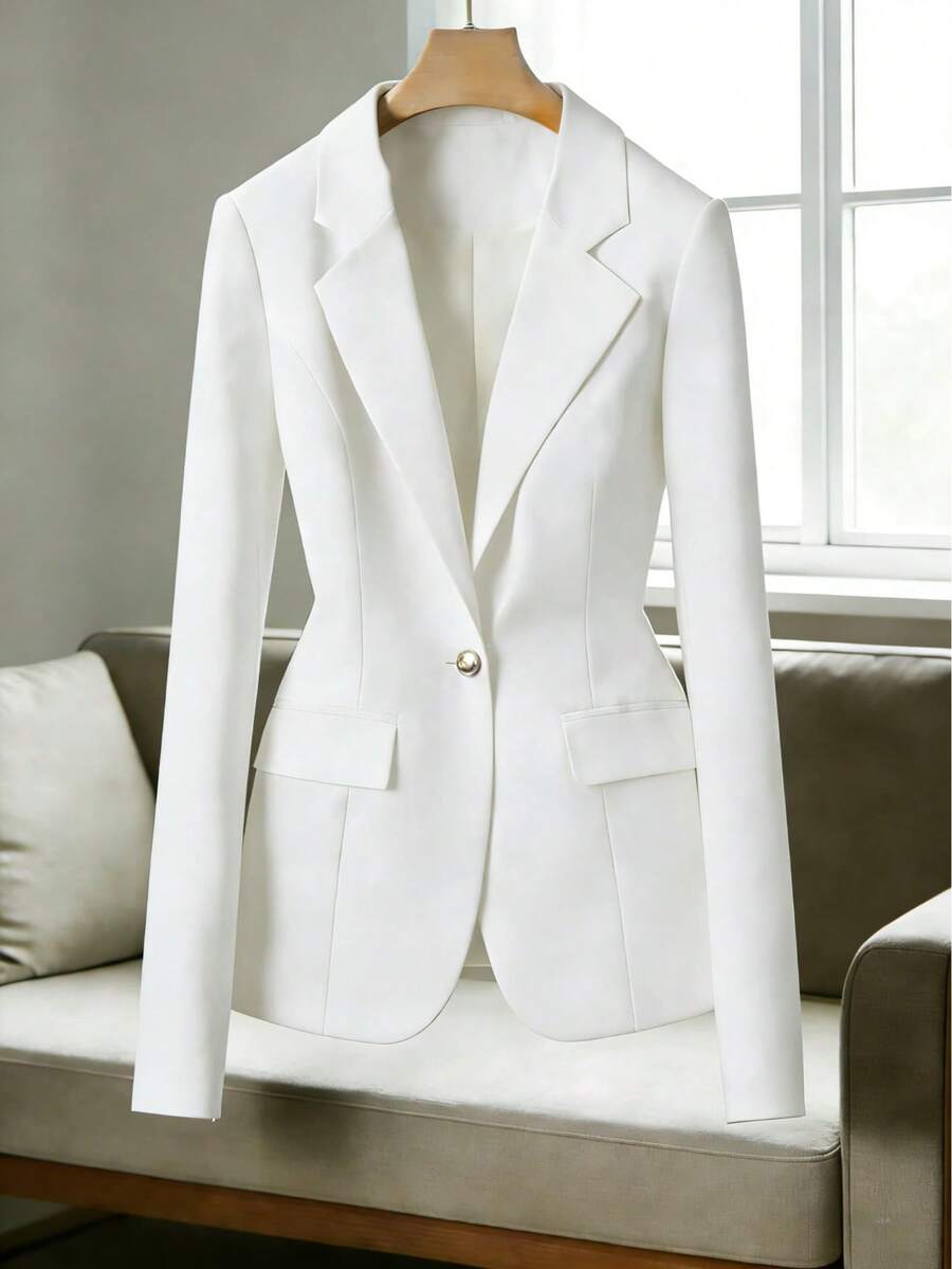 Women's Blazer With Lining And Shoulder Pads, Formal And Elegant With Front Button. - White - View 1