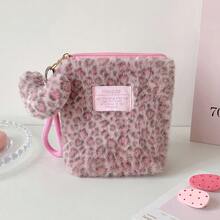1个时尚豹纹化妆包，带毛绒爱心吊坠；可爱豹纹零钱包，带拉链；女士毛绒化妆包；化妆包；现金包；身份证夹；信用卡收纳包；卫生巾收纳袋 - 彩色 - 查看 11