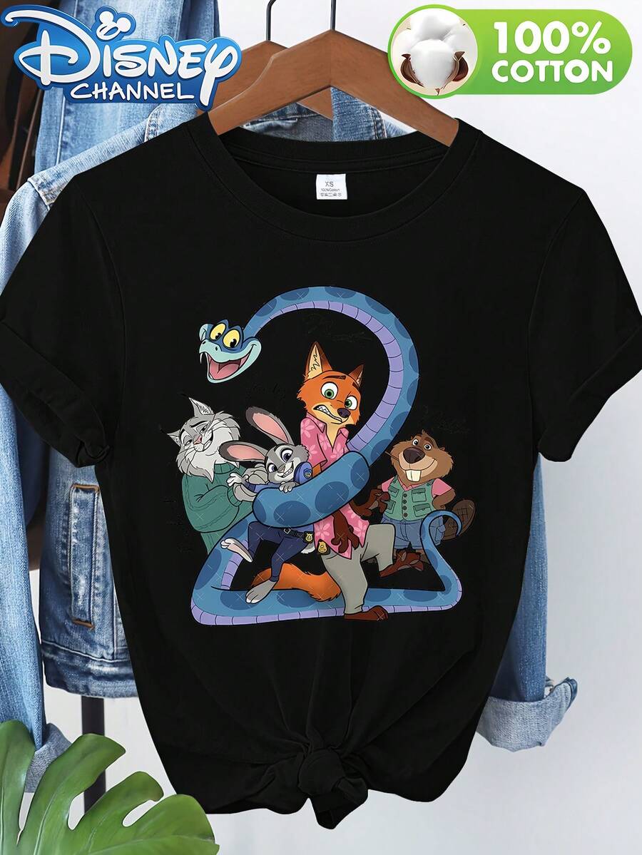 Disney Authorized Genuine, Disney Authorized New Pure Color Short-Sleeved T-Shirts In Spring And Summer, With Zootopia 2 Fox, Rabbit And Snake Prints, Which Are Multifunctional, Casual And Comfortable. Ladies Apply Pattern Printed 100% Cotton T-Shirts-Creative Cartoon Prints, Breathable And Light Fabrics, Regular Round Neck Street Casual Shirts In Spring And Summer, Disney Shirts, And Excellent Holiday Gifts. - màu đen - Xem 1