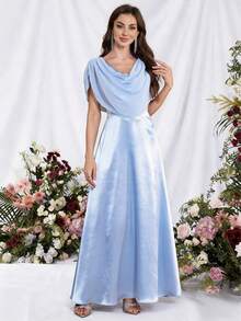 Solid Color Backless Draped Elegant Bridesmaid Dress Wedding Spring - Blue - View 3