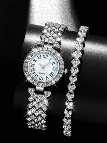 2pcs Elegant Luxury Women's Quartz Watch Set, Ladies' Elegant Shining Rhinestone Heart Jewelry Set (Including Silver Watch With Rhinestones, White Dial With Roman Numeral Quartz Watch, And Heart Rhinestone Bracelet). - Silver - View 1