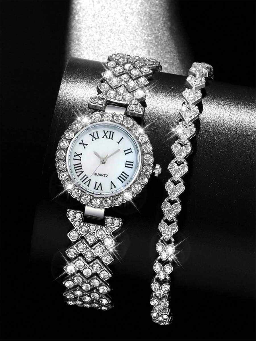 2pcs Elegant Luxury Women's Quartz Watch Set, Ladies' Elegant Shining Rhinestone Heart Jewelry Set (Including Silver Watch With Rhinestones, White Dial With Roman Numeral Quartz Watch, And Heart Rhinestone Bracelet). - Silver - View 1