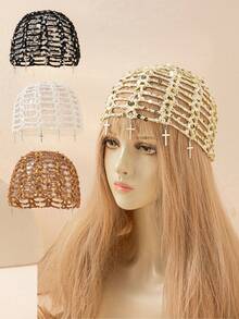 1 chiếc mũ len móc thủ công hình chữ thập đính sequin rỗng dành cho nữ, thích hợp cho trang phục mùa xuân và mùa hè. - A - Xem 6