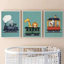 1幅帆布防水儿童房装饰画，带框儿童房海报，野生动物火车主题儿童房墙画，男孩房装饰，包含狮子、大象、长颈鹿和斑马图案，色彩缤纷的游戏室装饰，婴儿房装饰，幼儿园装饰，孕妇房墙画，游戏室海报，卡通装饰 - 彩色 - 查看 6