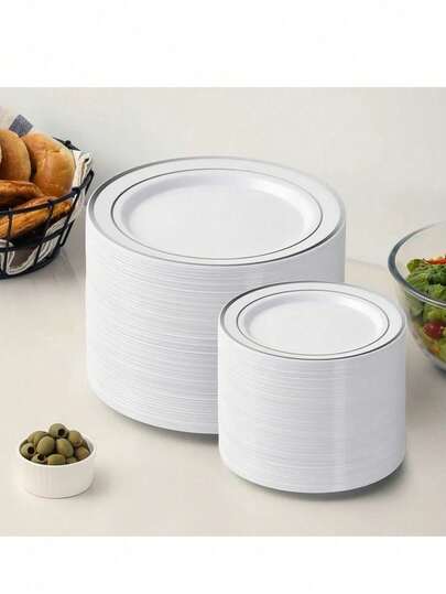 50/25/12pcs White Rimmed Reusable Party Plates, 7.5inch And 10.25inch, Suitable For Banquets And Appetizers - Perfect For Parties, Weddings, Birthdays And Catering Events (Christmas/Valentine's Day/Mother's Day), Wedding Supplies, Event Tableware, Fashionable Plates, Elegant Dinnerware, Lightweight And Durable, Suitable For Family Gatherings And Catering Services