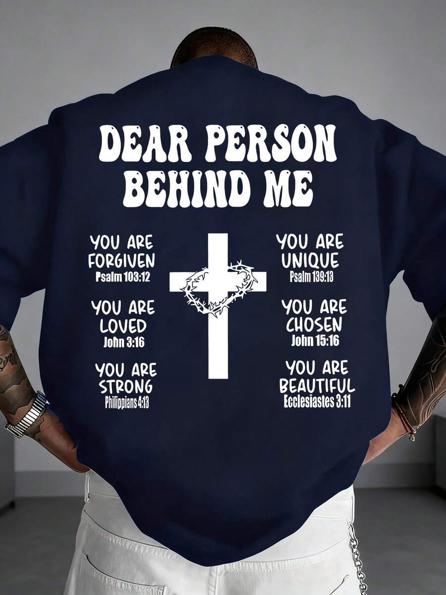 K-GLORY Men's Casual Versatile Simple English Slogan & Cross Print Short Sleeve T-Shirt - Navy Blue - View 1
