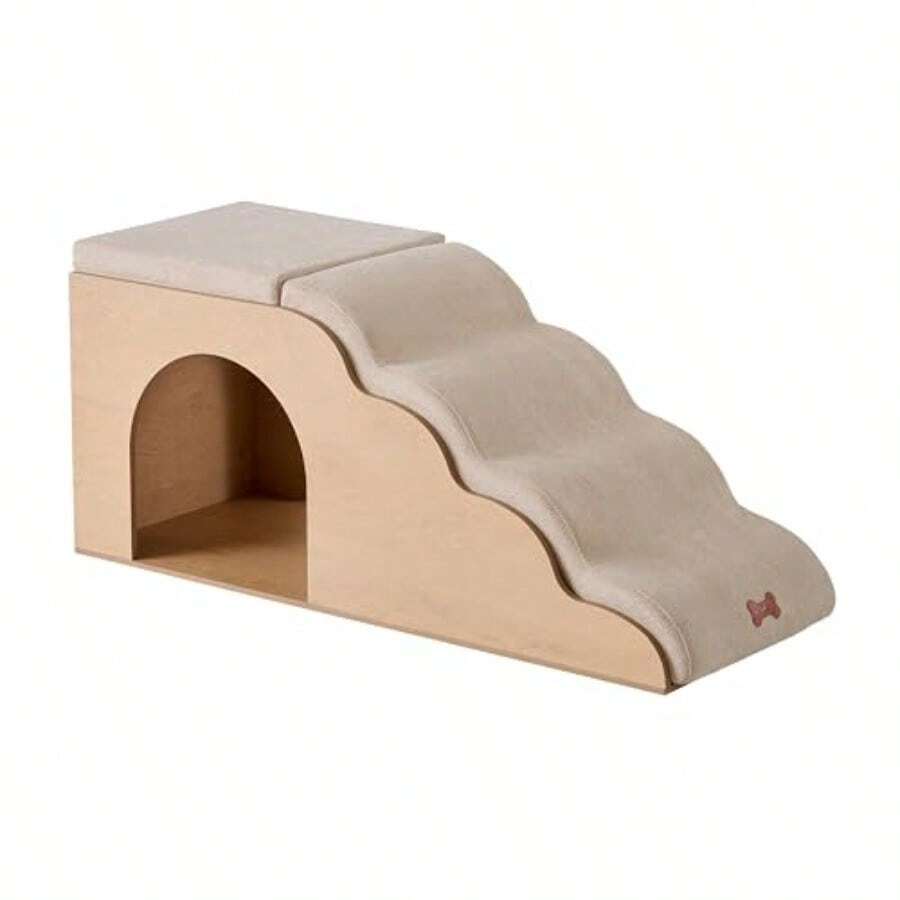 MU:4LIFE Escalera para Perros y Gatos con Casa y Funda Desmontable Lavable Diseño Ergonómica con Estructura Estable y Relleno de Espuma de Alta Densidad Beige y Madera 103x39.8x44cm 4 - Beige y Madera - Ver 1