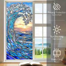 1/3pcs Ocean Style Static Cling Frosted Window Film. Wave Sunrise And Jellyfish Pattern. Decorative Privacy Window Sticker, Removable Sunshade Suitable For Living Room, Bedroom And Bathroom Glass Doors And Windows. - Multicolor - View 10