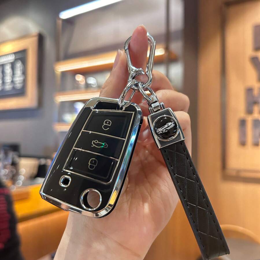 豪华TPU汽车钥匙套，带钥匙链挂绳，三键柔软弹性保护套，适用于高尔夫7、途观MK2，也适用于西雅特Ateca、Leon FR 2、Ibiza、Arona，男女皆宜的时尚礼物，适合送给母亲、父亲、毕业生和老师