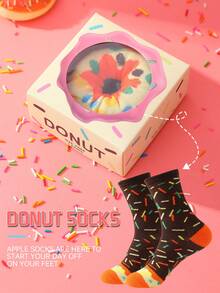 1 Pair New Interesting Multi-Color Donut Mid-Calf Socks Gift Box, Spring/Summer Unisex Sports Socks, Imaginative Food-Inspired Creative Design, Knitted Fabric, Long & Thick Soft & Comfortable, Perfect Gift For Birthday, Valentine's Day, Easter, Festival, Carnival, Dates, Parties, Holidays, Unique Fashion Quirky Daily Casual Wear Socks, Food-Themed Outfit, Suitable For All Seasons, Great Gift For Couples, Friends, Vacation, Outdoor Sports, Gym, Home, Office, Etc. - Chocolate Brown - View 2