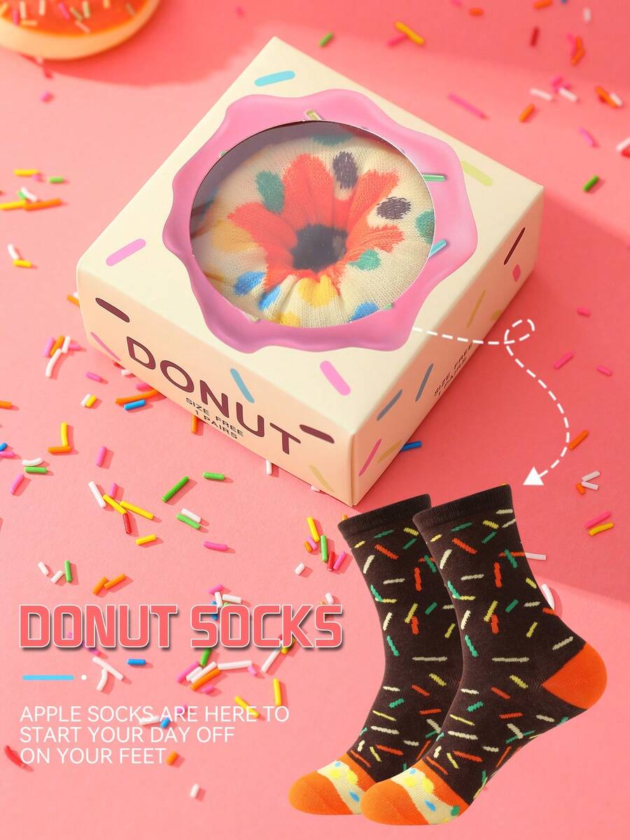 1 Pair New Interesting Multi-Color Donut Mid-Calf Socks Gift Box, Spring/Summer Unisex Sports Socks, Imaginative Food-Inspired Creative Design, Knitted Fabric, Long & Thick Soft & Comfortable, Perfect Gift For Birthday, Valentine's Day, Easter, Festival, Carnival, Dates, Parties, Holidays, Unique Fashion Quirky Daily Casual Wear Socks, Food-Themed Outfit, Suitable For All Seasons, Great Gift For Couples, Friends, Vacation, Outdoor Sports, Gym, Home, Office, Etc.
