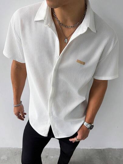 Trang phục đi nghỉ hè cho nam giới, Áo sơ mi ngắn tay cài cúc dệt kim sọc jacquard, Áo sơ mi trắng rộng rãi thoải mái cho nam, Áo đi biển cho nam, Thích hợp cho các cặp đôi hẹn hò, món đồ không thể thiếu trong tủ quần áo và là món quà lý tưởng cho bạn trai/chồng.