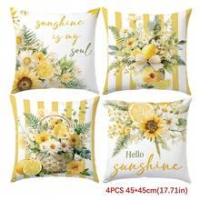 4 piezas Fundas de cojín decorativas minimalistas de verano con margaritas y limones, impresas por un solo lado en terciopelo melocotón de poliéster, 45*45/50*50/40*40CM para sofá moderno, decoración interior, decoración de fiesta, regalo - Multicolor - Ver 11