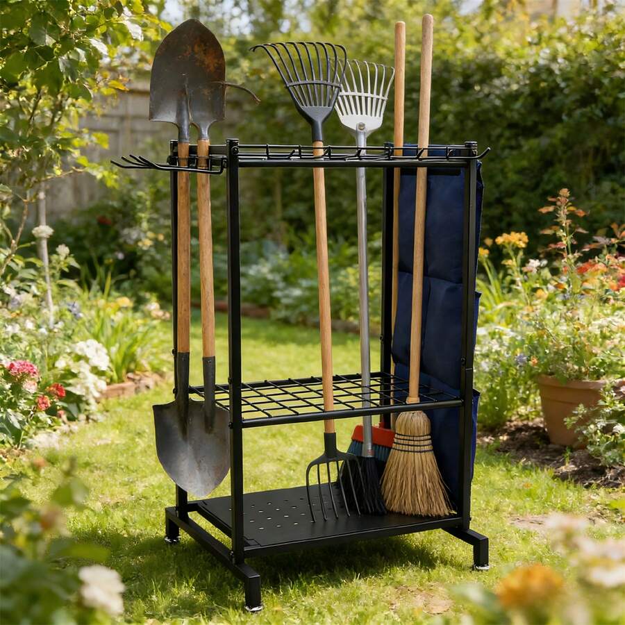 Heavy Duty Garden Tool Organiser Stand Freestanding Rack With Hooks & Side Pockets For Long Handled Tools - Black - View 1