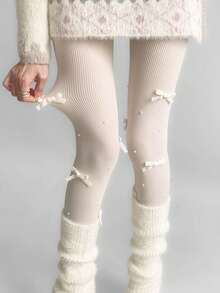 Quần tất nhung thắt nơ mùa thu/đông, tất đa năng kiểu JK dễ thương ngọt ngào Lolita đính ngọc trai, quần legging kẻ sọc dọc màu trắng tinh khôi kiểu ba lê, giúp thon gọn vóc dáng. - Nhiều màu - Xem 14
