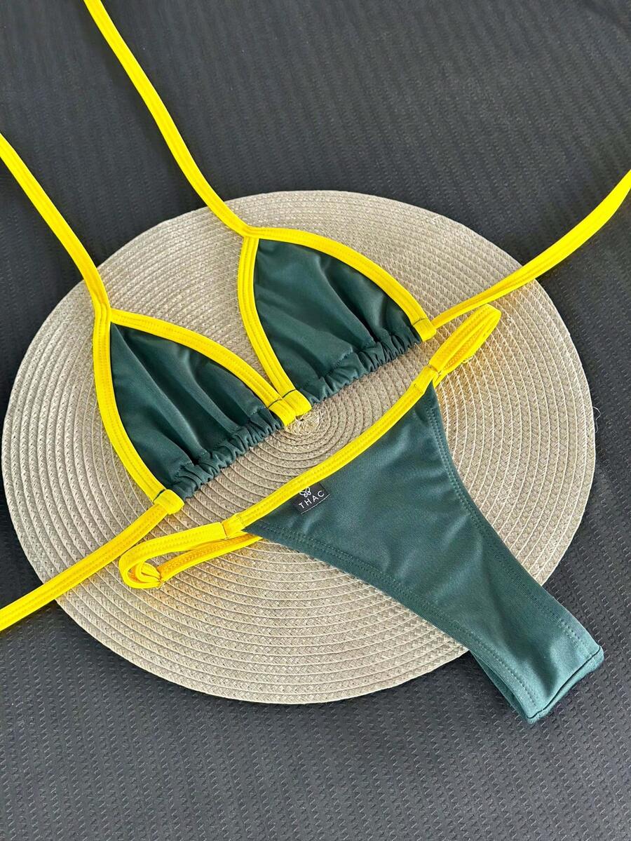 Adjustable String Bikini For Summer Fashion. - Green and Yellow - View 1