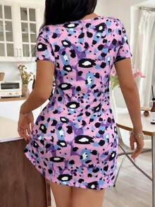 Women's Heart Print Ribbed Nightgown, Short Sleeve Lace Trim Loose Homewear Dress, Sweet Girl Style Sleepwear - Multicolor - View 3