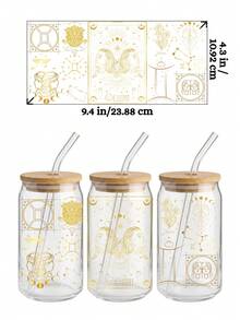 12星座UV DTF转印贴纸，适用于16盎司Libbey玻璃杯（尺寸9.4x4.3英寸），无需加热，所有星座均采用金色星空女神占星图案，防水可移除贴纸，DIY个性化生日礼物 - Zodiac 01 - 查看 3
