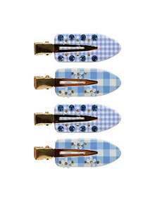 2 piezas/4 piezas Pinzas de pelo de acrílico sin costuras, dulces y versátiles con estampado a cuadros, para niñas - 2 flores azules - Ver 1